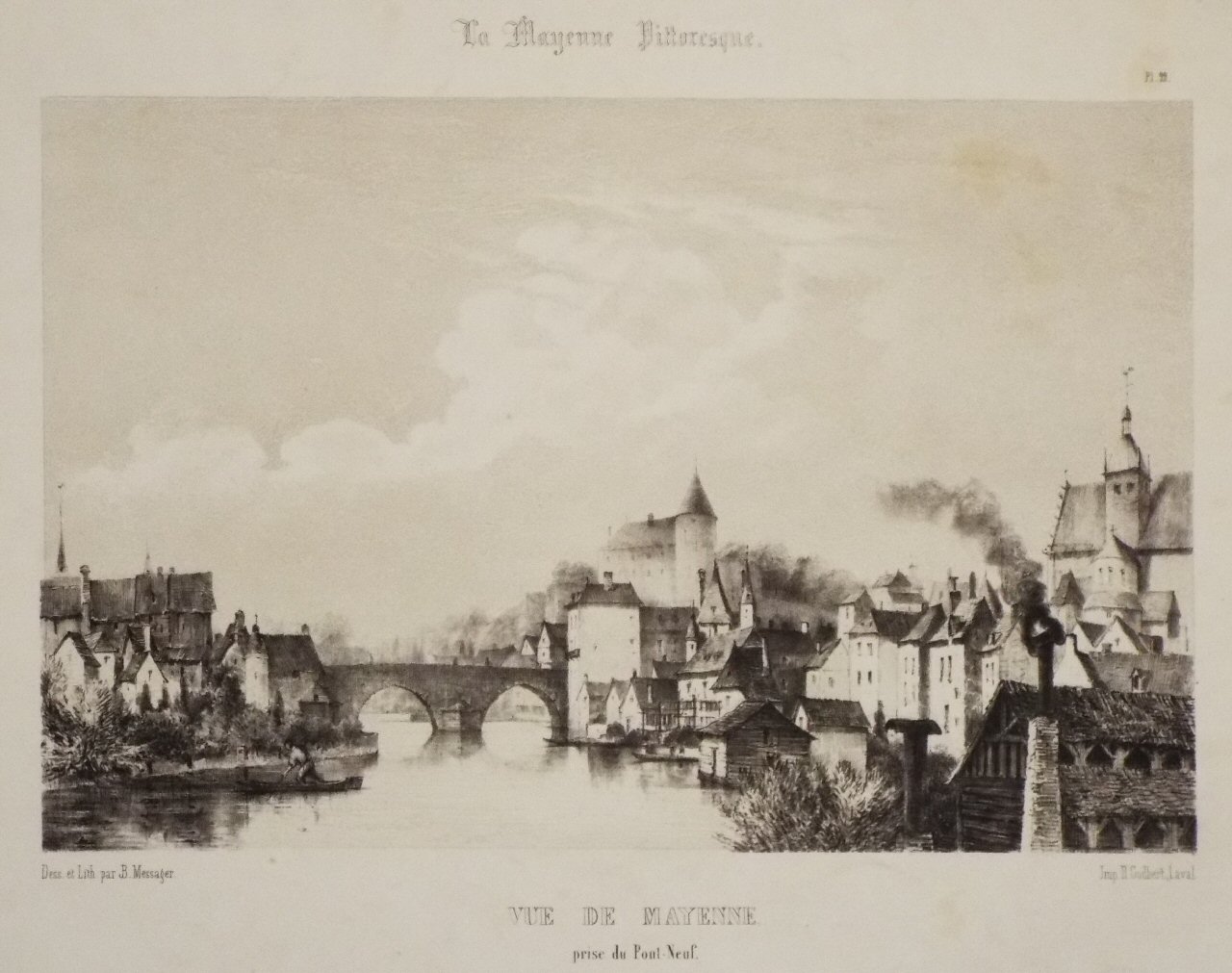 Lithograph - Vue de Mayenne prise du Pont-Neuf. - Messager